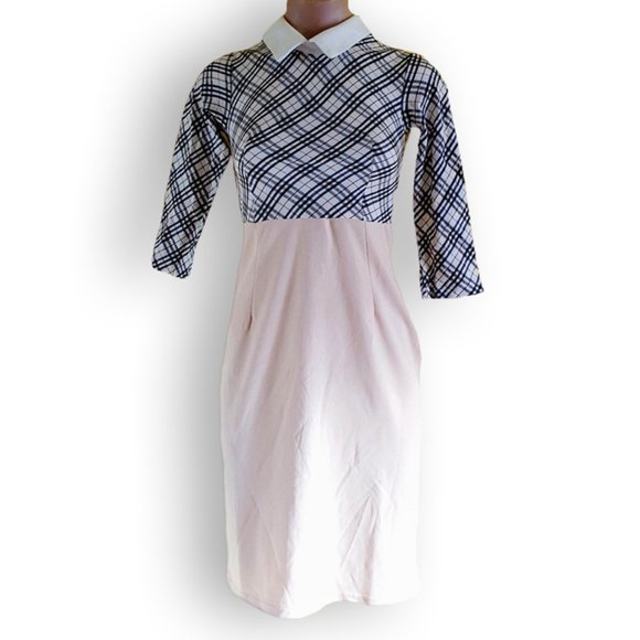 Black, tan and light cream plaid / tartan, 3/4 sleeve dress with white collar - Picture 2 of 6